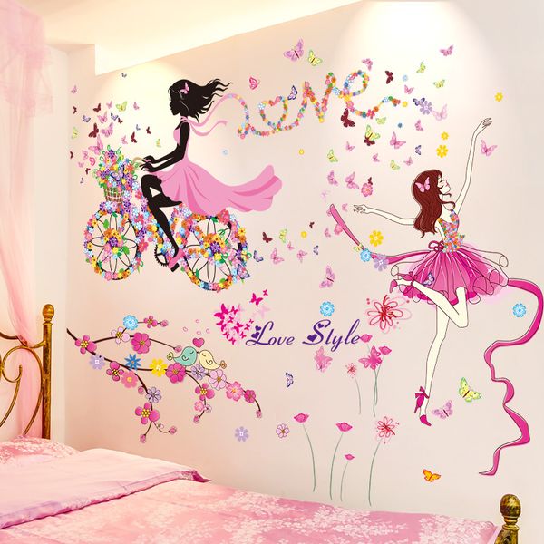 

wall stickers [shijuekongjian] cartoon dancer girl diy flowers bike mural decals for house kids rooms baby bedroom decoration