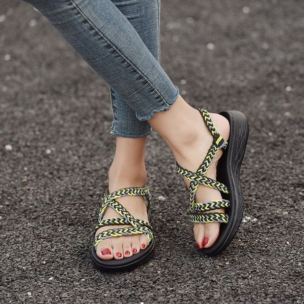 

fashino open toe sandals tenis feminino color matching weave thick bottom casual comfortable flat hee women's summer footwear, Black