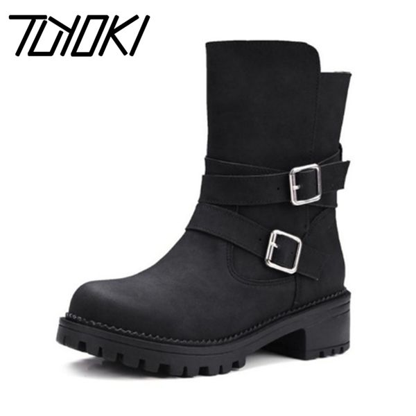 

tuyoki women mid calf boots winter buckle warm shoes woman round toe square heels short boots platform shoes size 34-43, Black