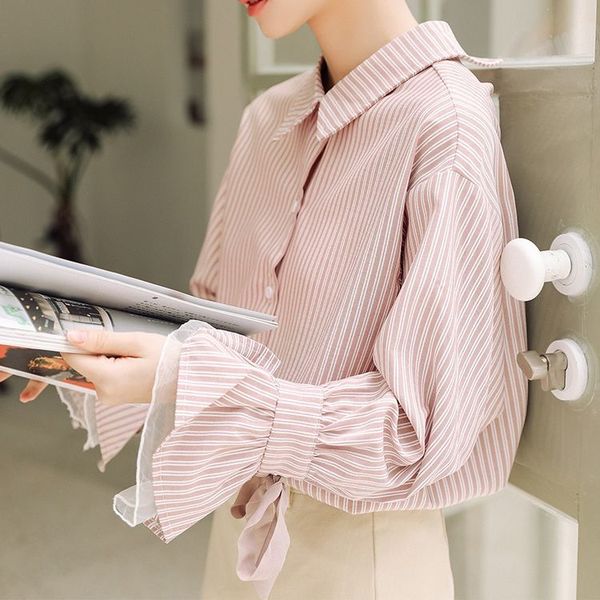 

women's blouses & shirts arrivals striped flare long sleeve blouse turn-down lace-up collar single breasted women size xs-3xl, White