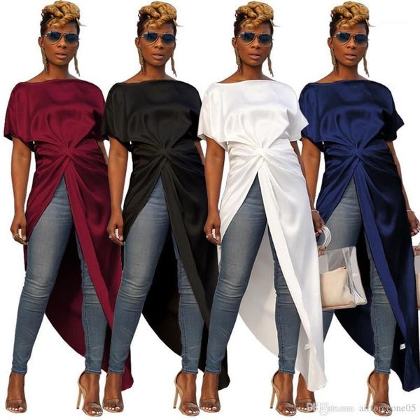 

long back fashion blouse short sleeve irregular tees women split long solid short front, White