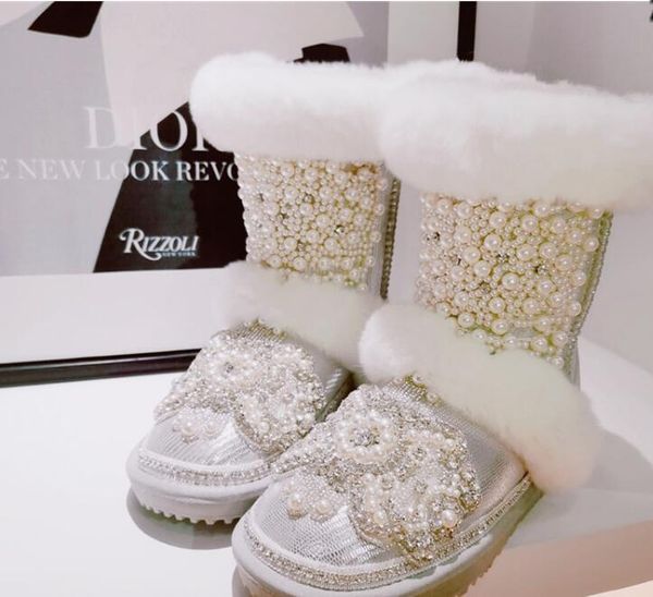 

leather women's boots heavy duty rhinestone original cute wool pearl snow boots cotton winter new, Black