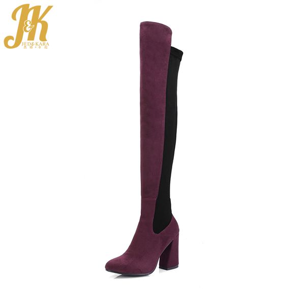 

jk thick high heels women boots winter over the knee stretch boot pointed toe flock footwear fashion lady shoes 2020 new shoes, Black