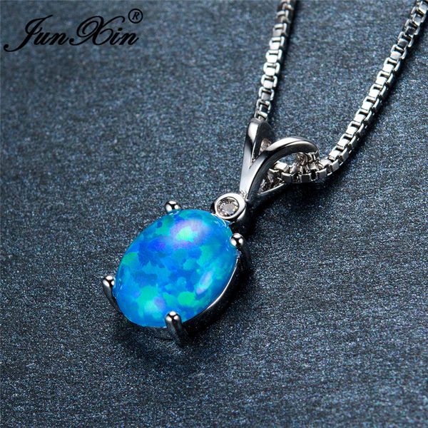 

rainbow oval stone pendant blue white purple fire opal necklaces for women white gold mystic birthstone wedding choker jewelry, Silver