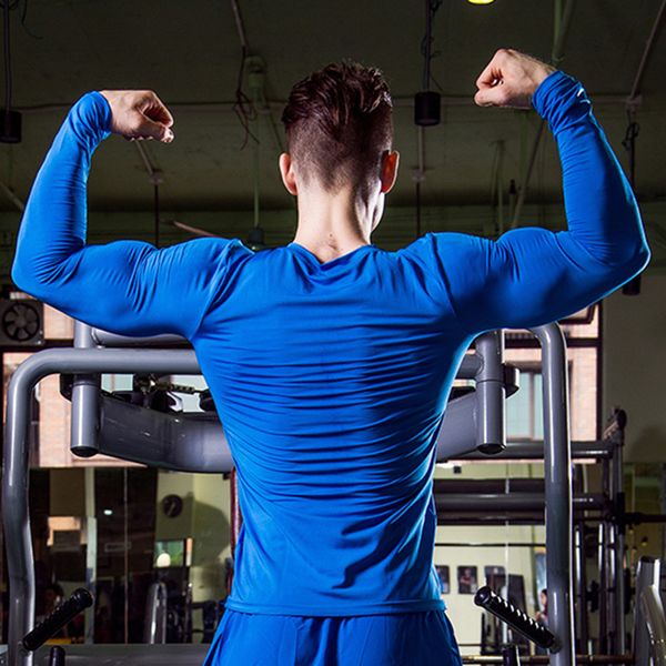 

running jerseys solid gym shirt men fitness mens t shirts quick dry compression sport tshirt training bodybuilding workout tee, Black;blue