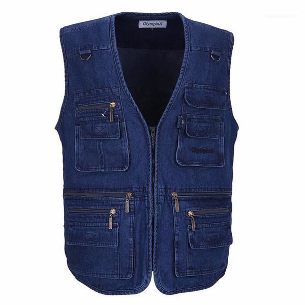 

casual fishing vest with multi pockets plus size outdoors waistcoat male outerwear denim men vest sleeveless jackets blue, Black;white