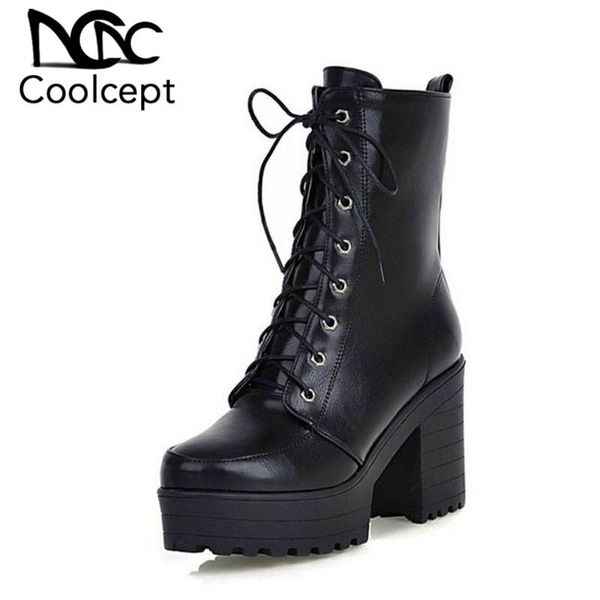 

coolcept women mid calf boots winter keep warm shoes women square heels cross strap platform footwear female size 33-43, Black