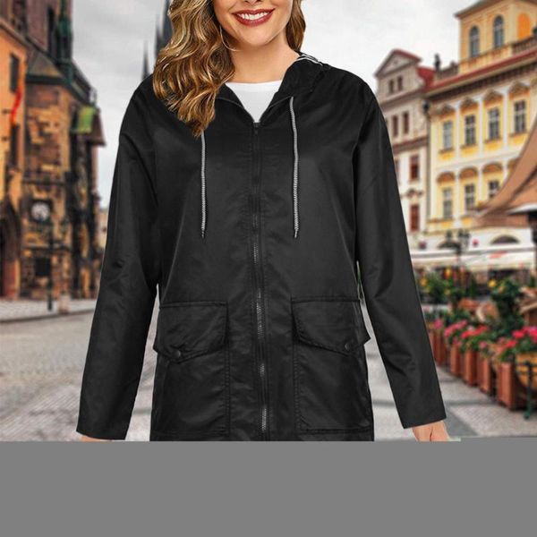 

women's raincoat coat long sleeve hooded solid color mid-length rain coat with zip spring autumn sporting casual outdoor jacket, Black;brown