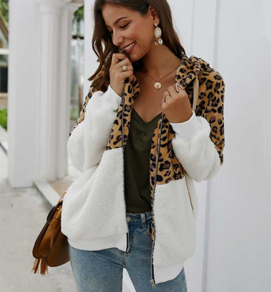 

women's leopard stitching teddy bear coat female 2020 winter long sleeve furry soft warm clothing hooded zipper jacket feminino, Black