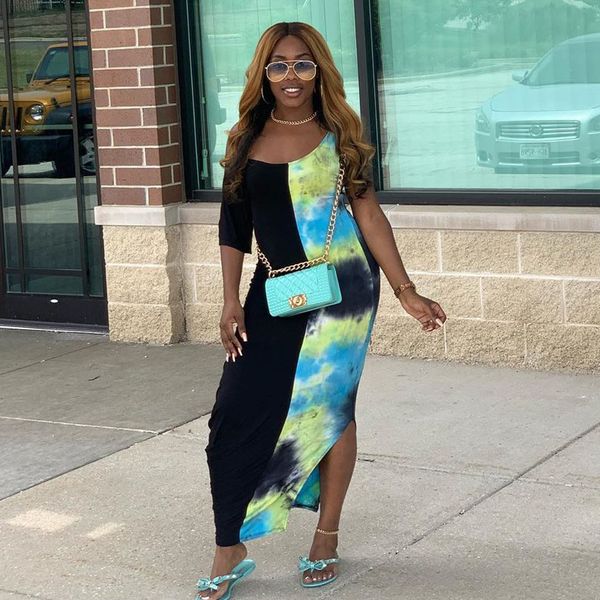 

tie dye patchwork womens dresses summer o-neck split contrast colors short sleeve women designer casual dress, Black;gray