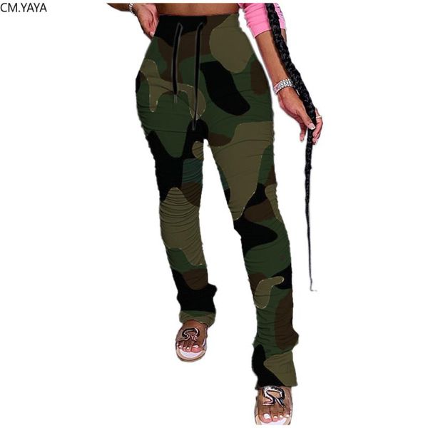 

women's pants & capris cm.yaya active wear high waist camouflage print women elastic stacked jogger streetwear bellbottom sweatpants tr, Black;white