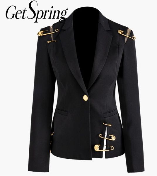 

getspring women blazer single button long sleeve women's slim suit jacket pin stitching irregular ladies black blazer autumn new, White;black