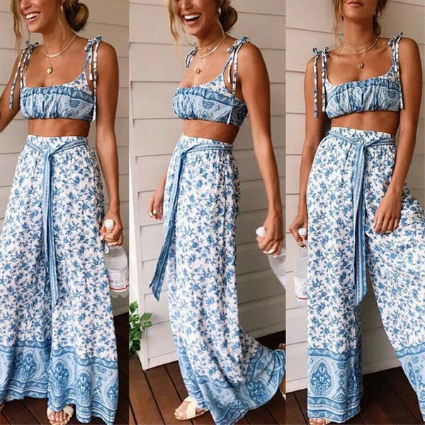 

summer set women outfits floral sleeveless crop flared pants party set beach clolthes set 2 piece sets womens outfits, Gray