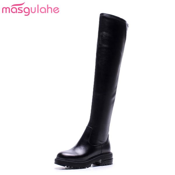 

boots masgulahe stretch fabric+cow leather look slimmer simple over the knee round toe and heels winter woman shoes, Black