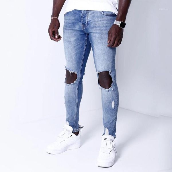 

mens designer jeans fashion skinny washed bleached mens pencil pants casual males clothing big hole panelled, Blue