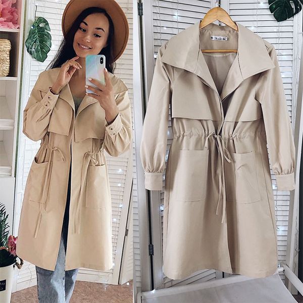 

2020 New Women Trench long Section Solid color Coat Light weight Casual ladys Windbreak Collection