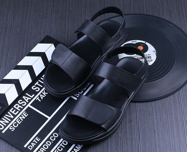 

sandals men summer style genuine leather flat hook&loop youth trend non-slip casual beach size 38-44, Black