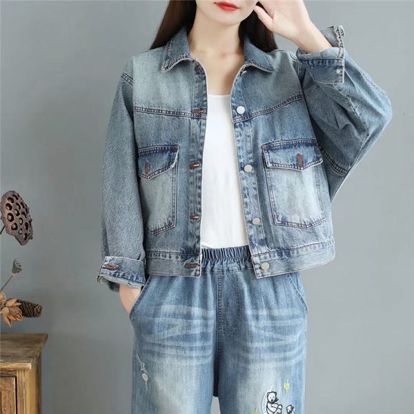 

autumn 2020 retro solid color denim jacket women's short loose korean turndown collar casual wild jeans jaqueta k974, Black;brown