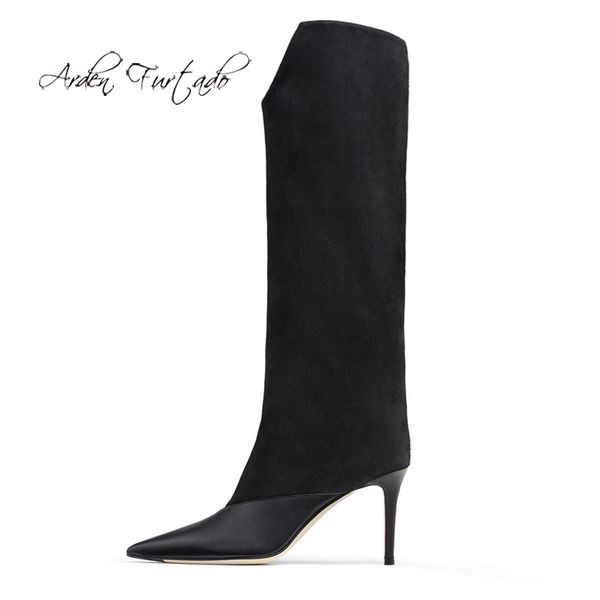 

arden furtado fashion women's shoes winter pointed toe stilettos heels mature elegant ladies boots grey knee high boots 45, Black