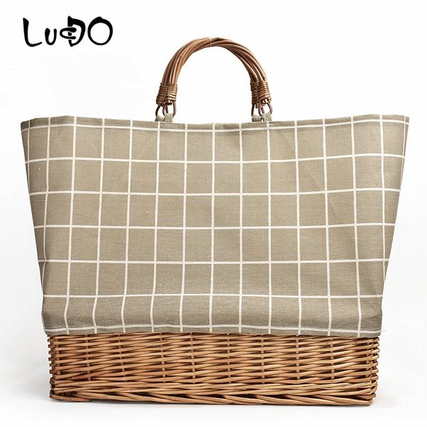 

straw plaid canvas splicing bags for women rattan bag portable canvas bag weaving big hand summer beach wicker handbag totes