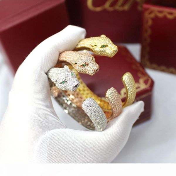 

18k gold plated brand jewelry leopard bracelets bangles for women new fashion open bracelets full diamond cz animal bangle silver plated, Black