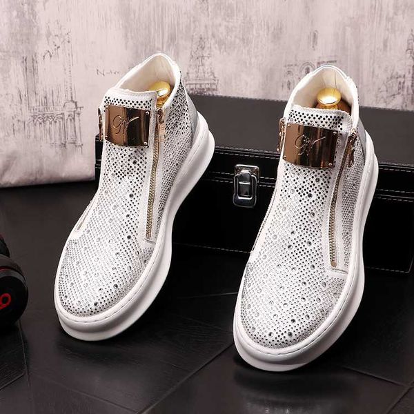 

fashion luxury charm men's shining rhinestone zipper casual flats platform shoes male sneakers wedding prom zapatillas hombre, Black