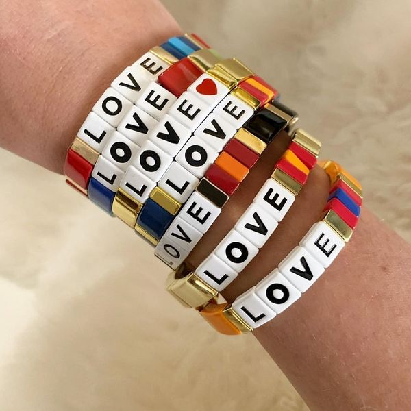 

shinus браслет женщин плитка бисер браслеты мужчины pulseras mujer 2019 boho красочные ювелирные изделия ручной работы зимняя любовь письмо, Black