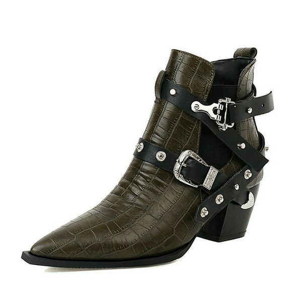 

boots pu leather women western pointed toe thick heel ankle buckle cowboy autumn winter shoes big size, Black