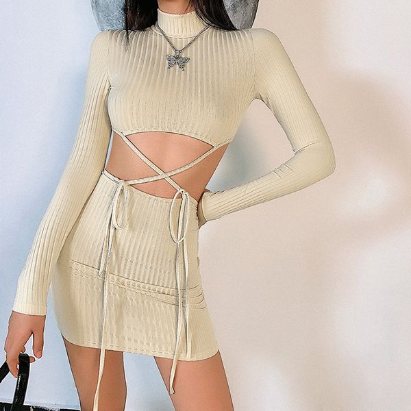 

bandage hallow out sheath hip mini dress turtle neck fashion autumn winter women knit dress solid slim party club vestidos, Black;gray