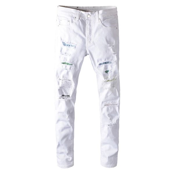 

men's crystal white stretch denim skinny jeans streetwear holes ripped destroyed pants hi street hip hop jeans, Blue