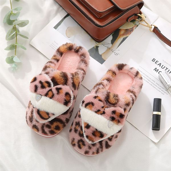 

short plush heart winter warm slippers women indoor fashion leopard print warm shoes soft comfort furry ladies slides, Black