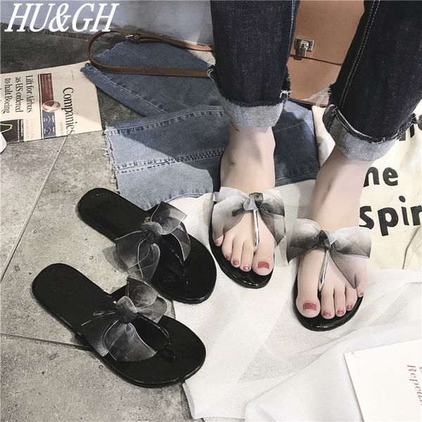

new fashion women's butterfly-knot flip flops female beautiful gradient bowknot ribbons slippers attractive outdoor slippers, Black
