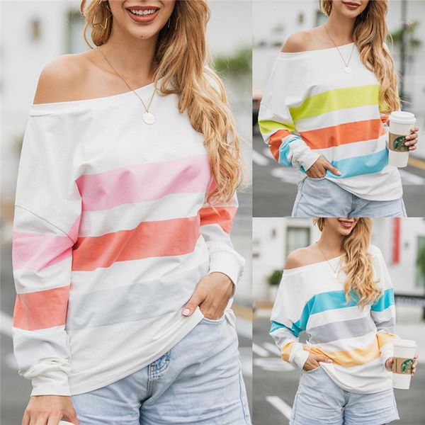 

neck striped printed casual womens clothing autumn womens designer tshirts long sleeve one shoulder o, White