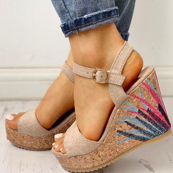 

wedges shoes high heels casual platform print comfortable summer ankle-strap women shoes woman sandals, Black