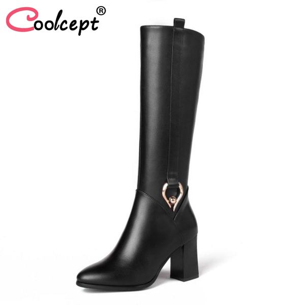 

boots coolcept size 31-45 woman real leather high heel knee ladies shoes fur winter warm women fashion footwear, Black