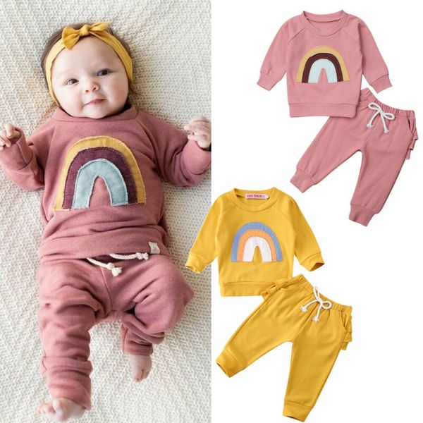 

clothing sets 2021 autumn born kids baby boy girl rainbow printed long sleeve sweatshirt ruffle pants outfits winter clothes, White