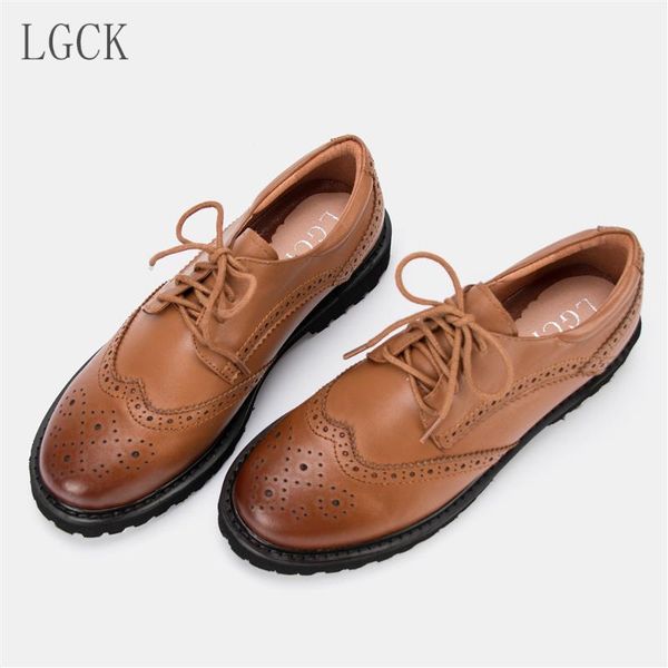 

plus size 34-43 genuine leather women shoes oxford shoe brogues vintage laces loafers casual summer spring moccasins shoe new, Black