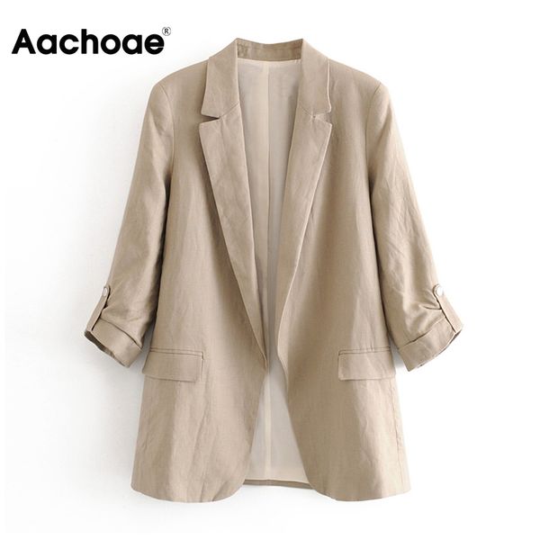 

aachoae 2020 work wear blazer women notched collar solid cardigan coat half sleeve pockets office ladies blazers and jackets, White;black