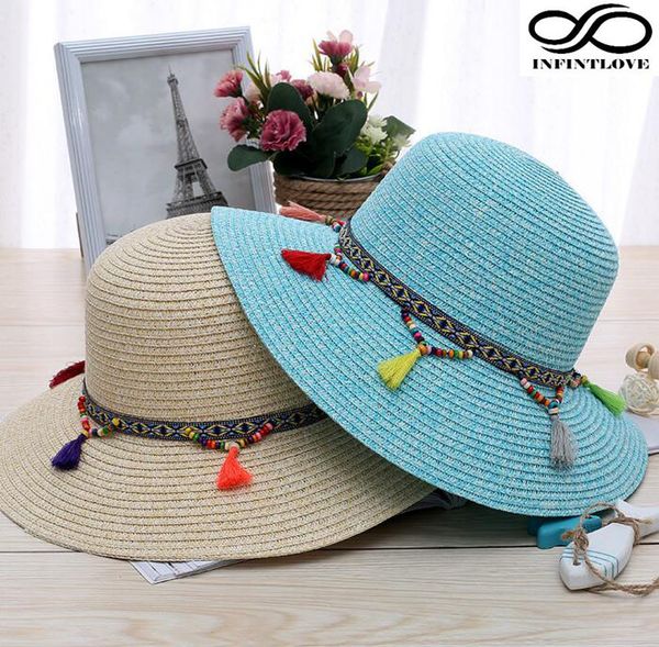 

luckylianji fashion summer girls sun wild holiday vacation foldable womens straw wide brim floppy cloche hat with beads ribbon, Blue;gray