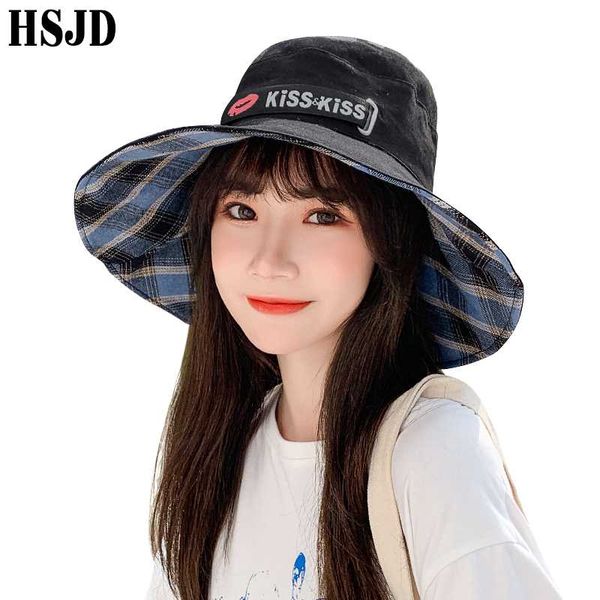 

spring summer sun hats women double-sided plaid foldable bucket hat fashion kiss red lips wide brim anti-uv beach hat female cap, Blue;gray