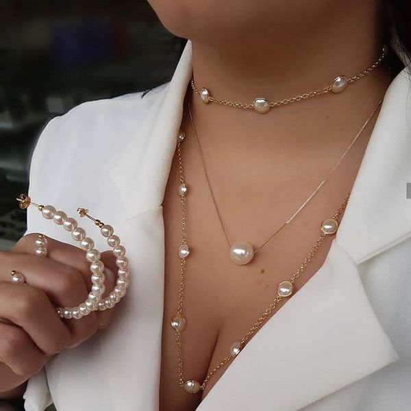 

3 pcs/set fashion women gold chain pearl pendant necklace set trendy multilayer party long necklace for women clothing jewelry, Silver