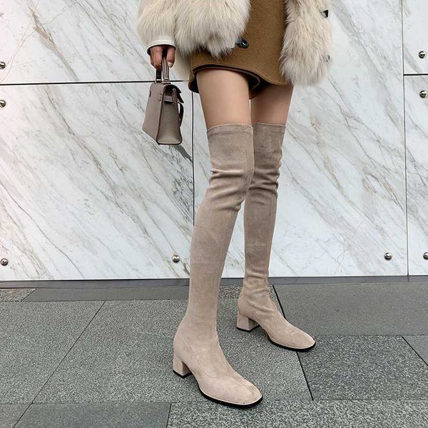 

new winter over knee boots genuine leather women boots stretch high heels deerskin socks woman warm women shoes, Black