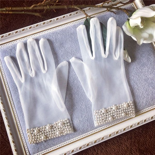 

elegant women transparent mesh finger sunscreen mittens female etiquette performance pearl lace tulle short sun gloves k58, Blue;gray