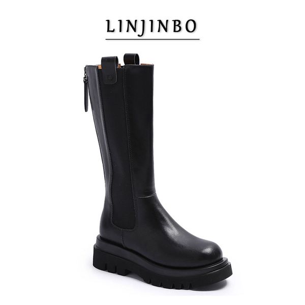

2020 autumn/winter high boots women genuine leather chunky heels knee high boots women black round toe back zipper female