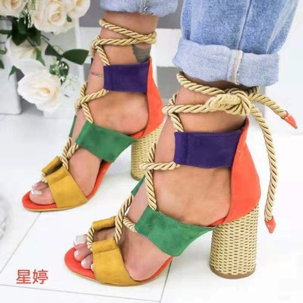 

sandals amazing2021 large size 2021 fashion color matching bandage high-heeled shoes women 35-43, Black