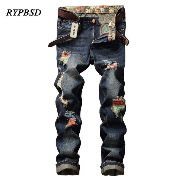 

men's jeans fashion street vintage distressed hole ripped men hip hop casual washed denim blue straight hombre trousers