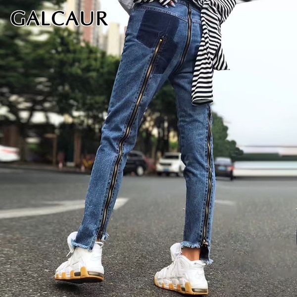 

galcaur korean zipper patchwork women jeans high waist hit color slim irregular hem denim long pants female fashion summer 2020, Blue