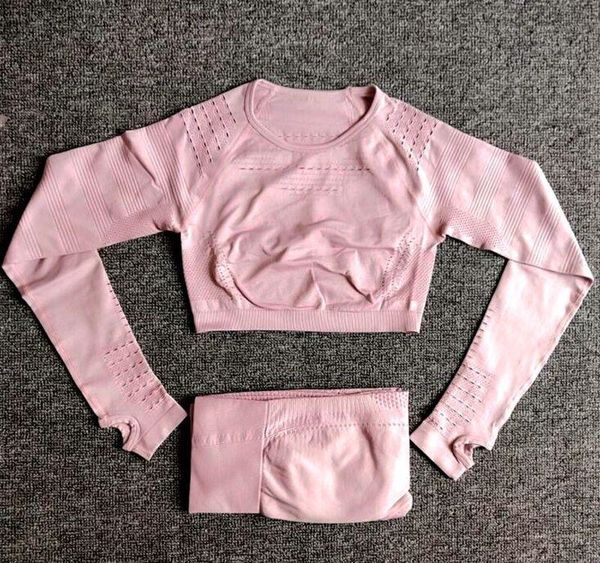 

women gym yoga set seamless workout clothing sport clothes high waist leggings long sleeve fitness crop 2 piece sports suits yoga outfit, White;red