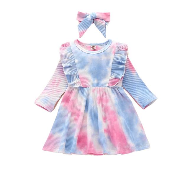 

baby dresses for girls autumn winter long sleeved knitted princess ruffles tie dye print dress headband girls baby kids clothing, Red;yellow