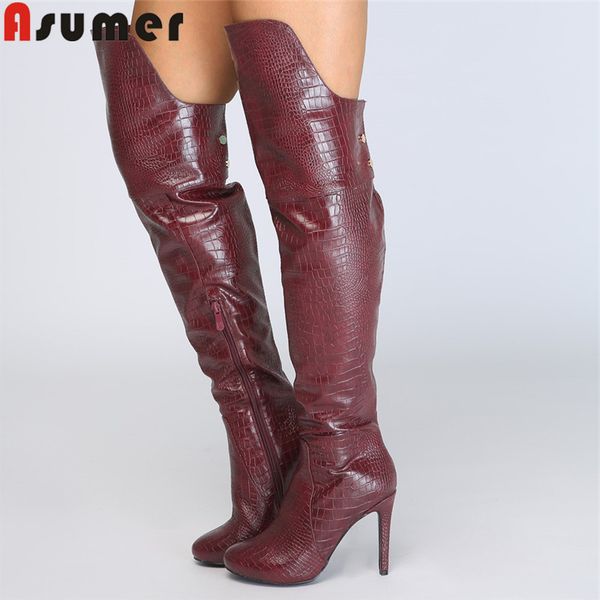 

asumer 2020 new over the knee boots women round toe zip super high heels shoes prom western boots plus size 34-47, Black